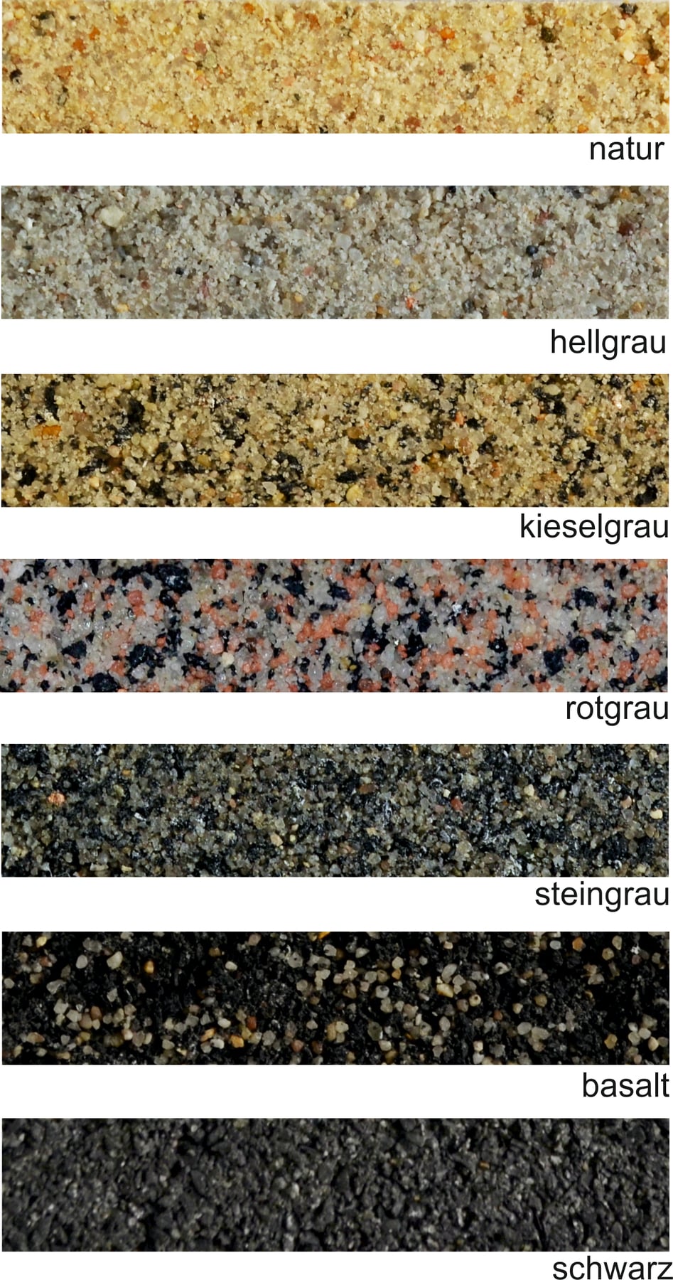 TERRABOND Standardfarbtöne Natur, Hellgrau, Kieselgrau, Rotgrau, Steingrau, Basalt und Schwarz
